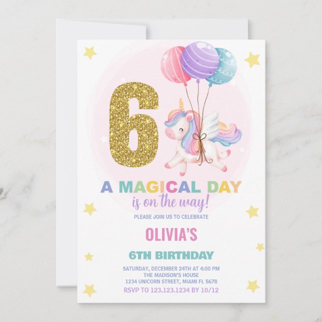 6 Birthday Unicorn Birthday - Convites de Aniversá (Frente)