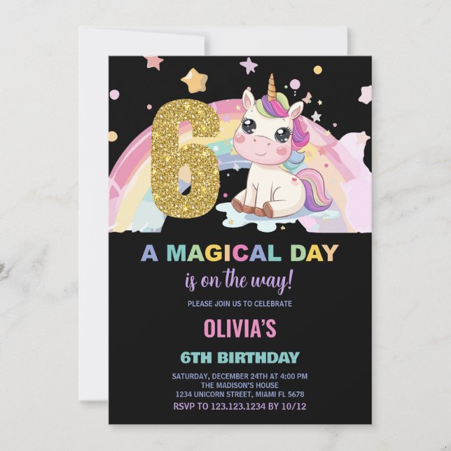 6 Birthday Unicorn Birthday - Convites de Aniversá (Frente)