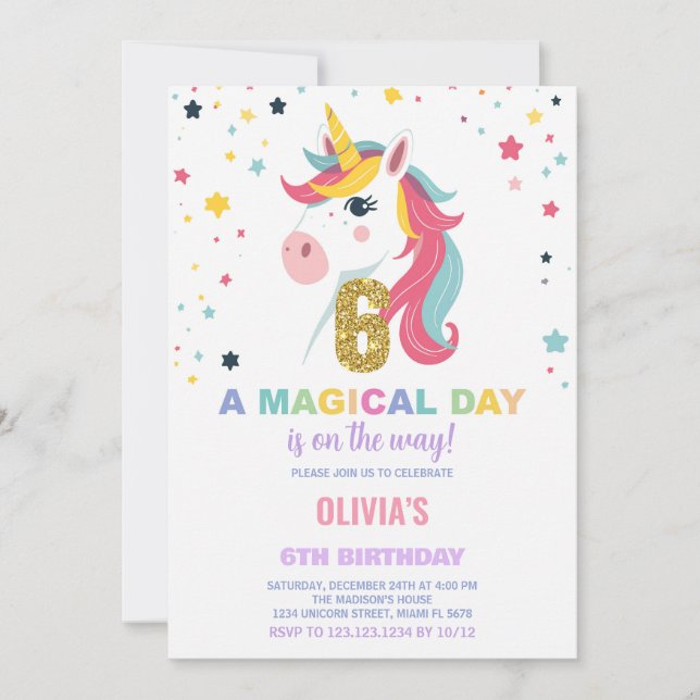 6 Birthday Unicorn Birthday - Convites de Aniversá (Frente)