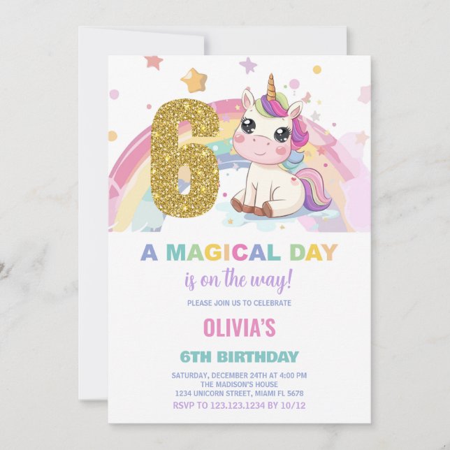 6 Birthday Unicorn Birthday - Convites de Aniversá (Frente)