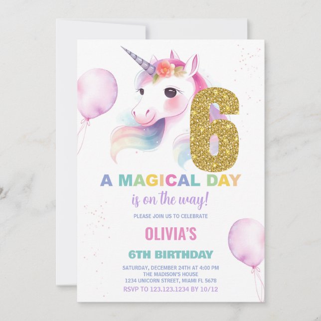6 Birthday Unicorn Birthday - Convites de Aniversá (Frente)