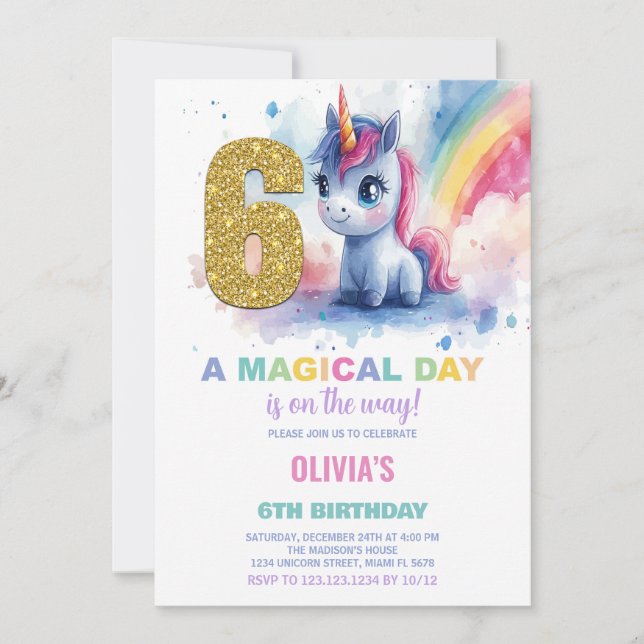 6 Birthday Unicorn Birthday - Convites de Aniversá (Frente)