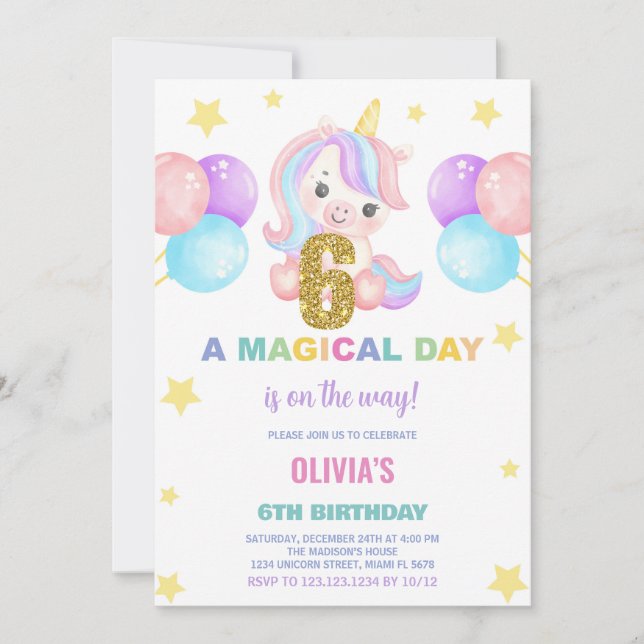 6 Birthday Unicorn Birthday - Convites de Aniversá (Frente)