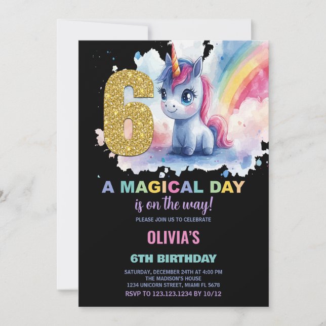 6 Birthday Unicorn Birthday - Convites de Aniversá (Frente)