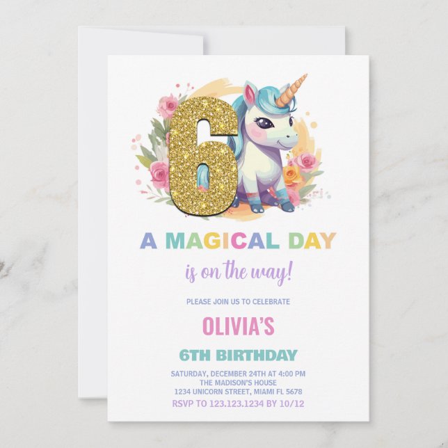 6 Birthday Unicorn Birthday - Convites de Aniversá (Frente)