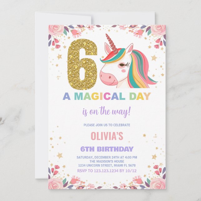 6 Birthday Unicorn Birthday - Convites de Aniversá (Frente)