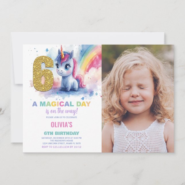 6 Birthday Unicorn Birthday - Foto dos Convites de (Frente)