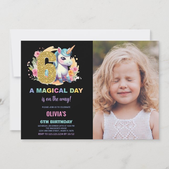 6 Birthday Unicorn Birthday - Foto dos Convites de (Frente)