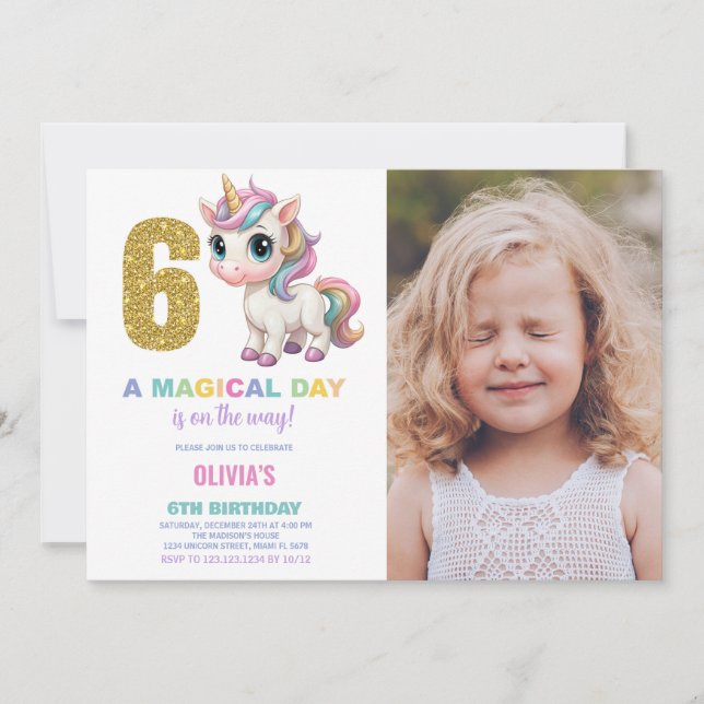 6 Birthday Unicorn Birthday - Foto dos Convites de (Frente)