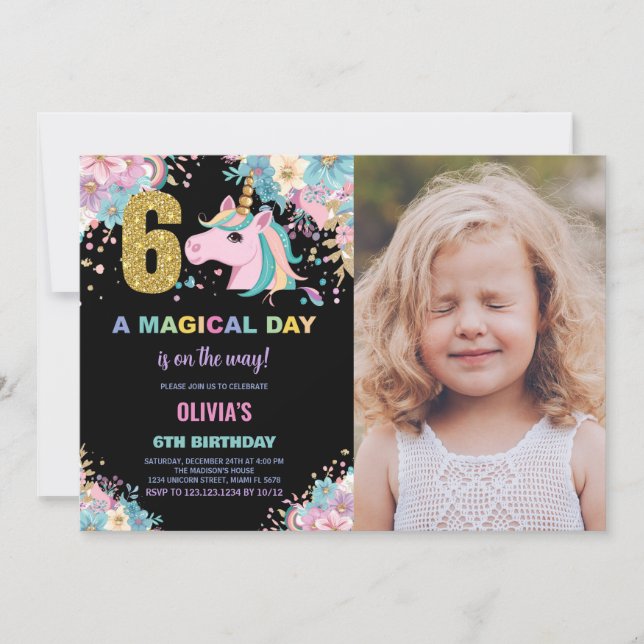 6 Birthday Unicorn Birthday - Foto dos Convites de (Frente)