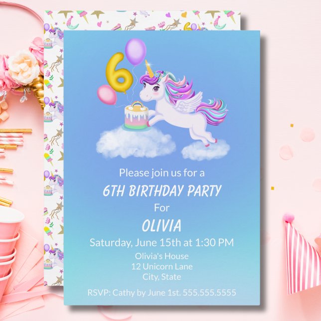 6 Birthday Unicorn Com Convite Para Bolo (Criador carregado)
