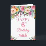 6 Birthday Watercolor Floral Flowers Cartão Rosa<br><div class="desc">6 Birthday Watercolor Floral Flowers Pink Card com nome e idade personalizados. Para mais personalização,  clique no botão "Personalizar" e use a ferramenta design para modificar este modelo.</div>
