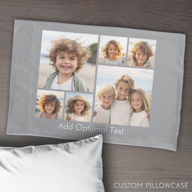 6 Colagem de Fotos Texto Opcional — Cinza Leve (Create Your Own Photo Collage Pillowcase)
