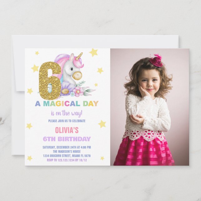 6 Floral Unicorn Convite de Aniversário com Foto (Frente)