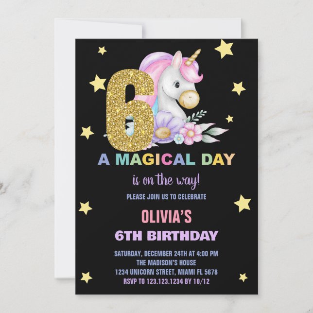 6 Floral Unicorn - Convites de Aniversário (Frente)