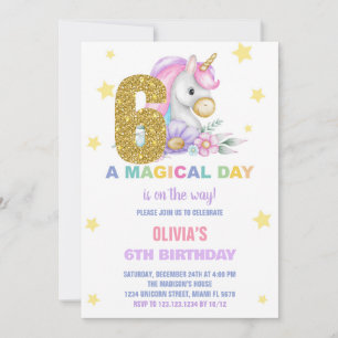 6 Floral Unicorn - Convites de Aniversário