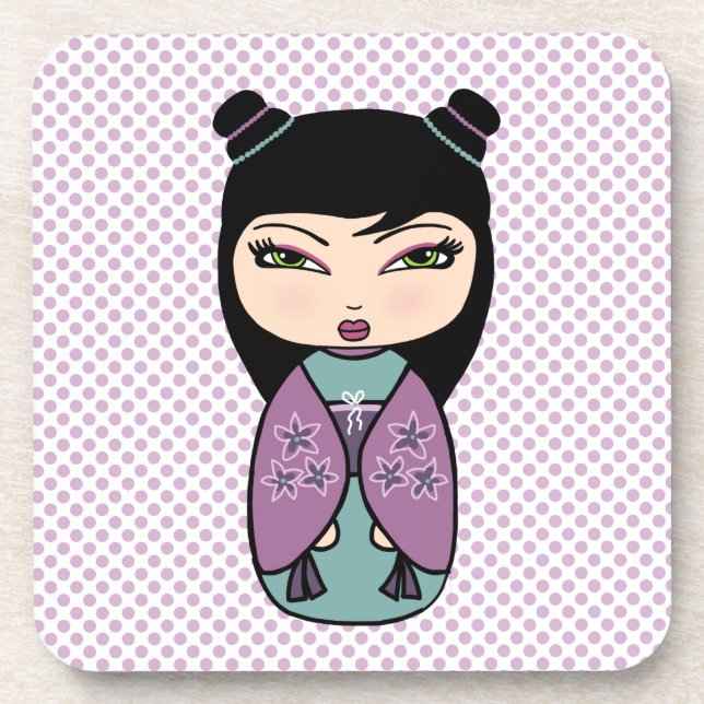 6 porta-copos Kokeshi Doll com costas de cortiça - (Frente)
