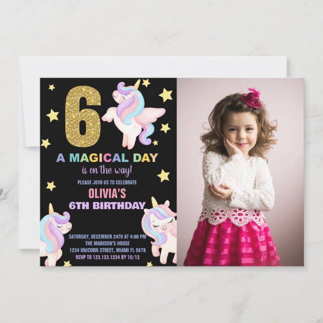 6 Rainbow Unicorn Aniversário Convites com foto (Frente)