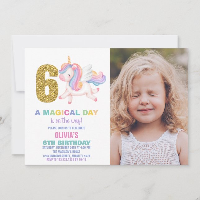 6 Rainbow Unicorn Aniversário Convites com foto (Frente)