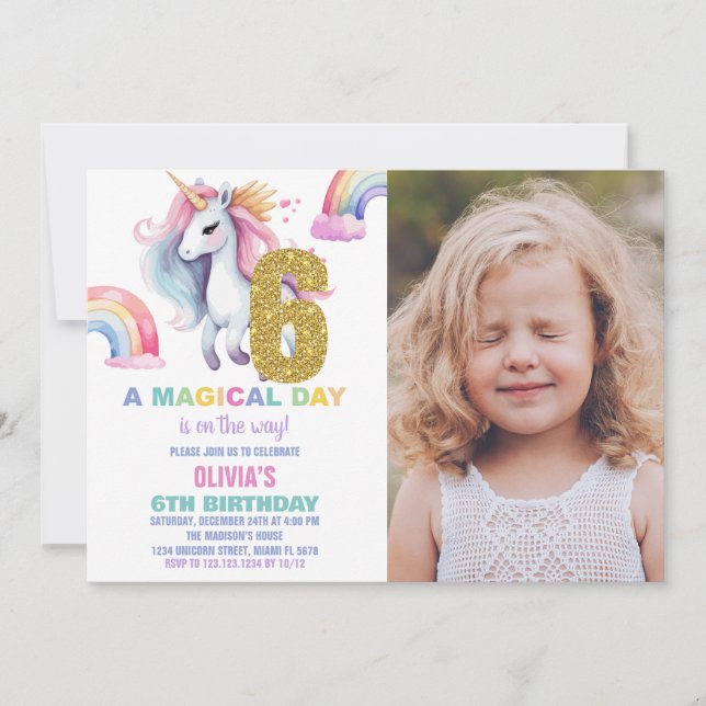 6 Rainbow Unicorn Aniversário Convites com foto (Frente)