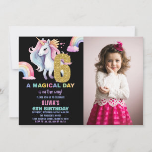6 Rainbow Unicorn Aniversário Convites com foto