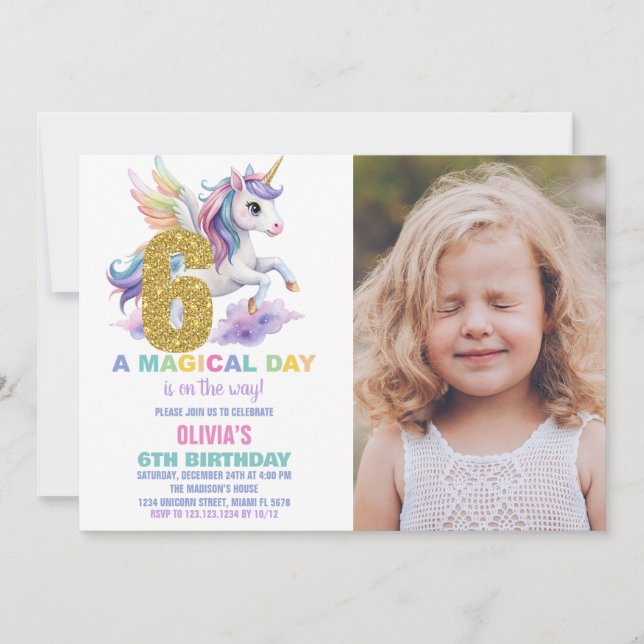 6 Rainbow Unicorn Aniversário Convites com foto (Frente)