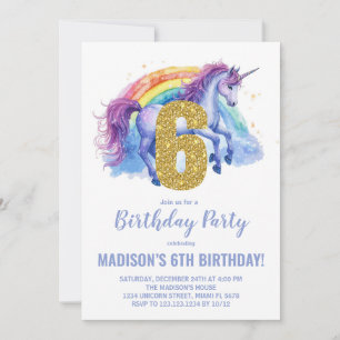 6 Rainbow Unicorn - Convites de aniversário