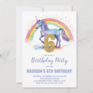 6 Rainbow Unicorn - Convites de aniversário