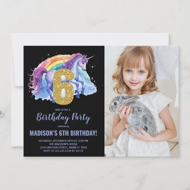 6 Rainbow Unicorn - Foto de Convites de Aniversári (Frente)