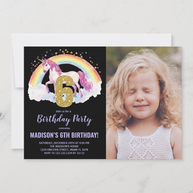 6 Rainbow Unicorn - Foto de Convites de Aniversári (Frente)