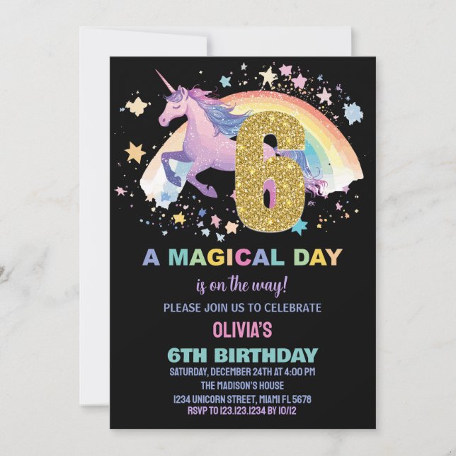 6 Unicorn - Convites de Aniversário (Frente)