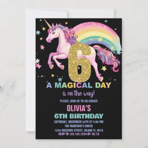 6 Unicorn - Convites de Aniversário em Preto