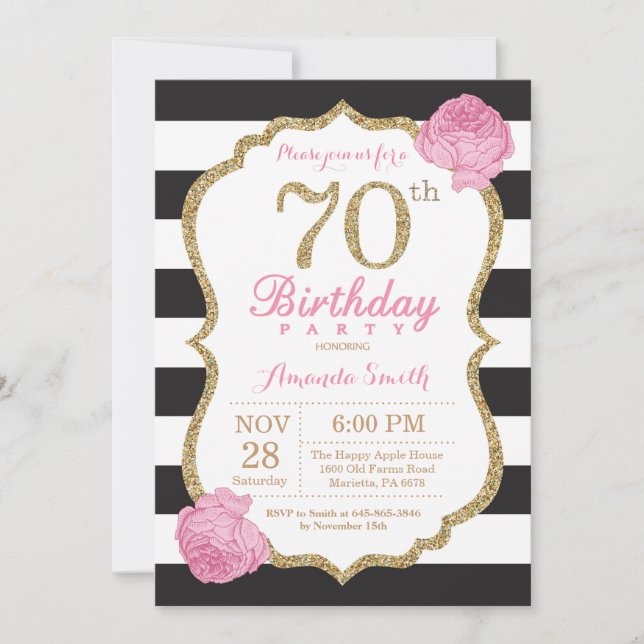 70 Aniversário Convite Cor-de-Rosa Dourado Floral (Frente)