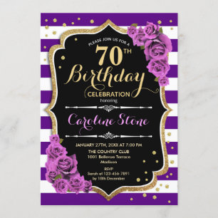 70 Aniversário Convite Roxo Dourado Com Rosas