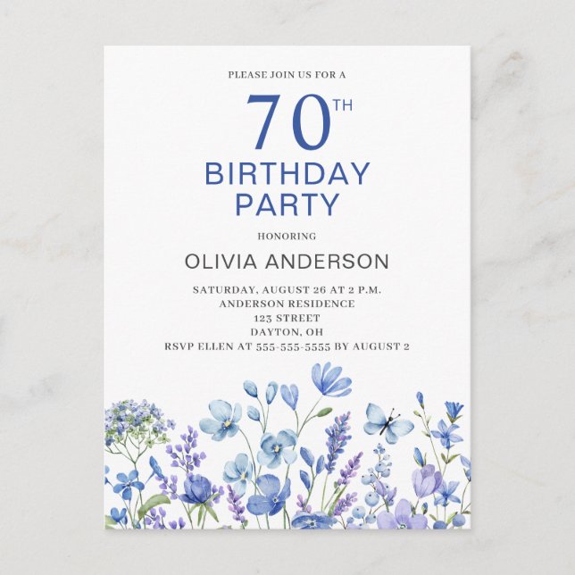 70 Birthday Blue Floral Convite (Frente)