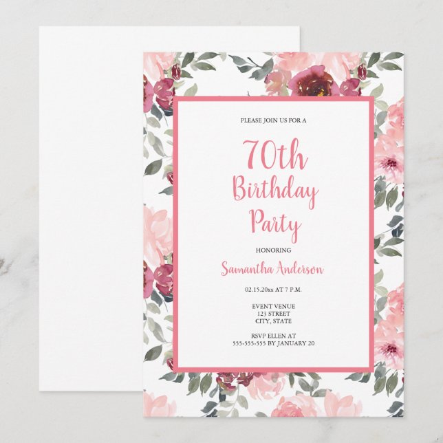 70 Birthday - Convite Floral Rosa (Frente/Verso)