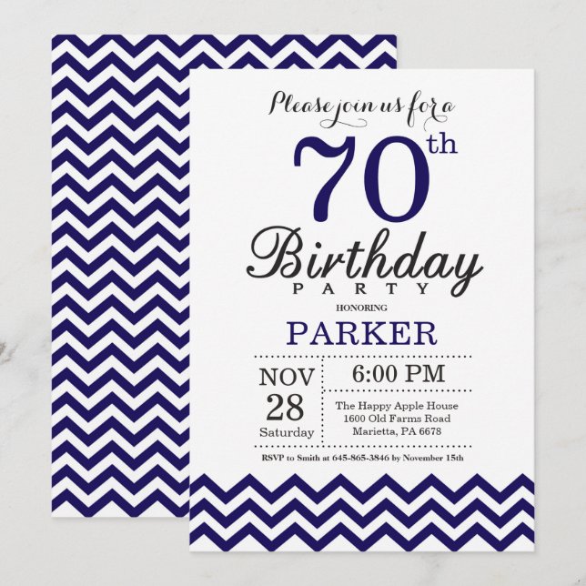 70 Birthday Convite Marinho Blue Chevron (Frente/Verso)