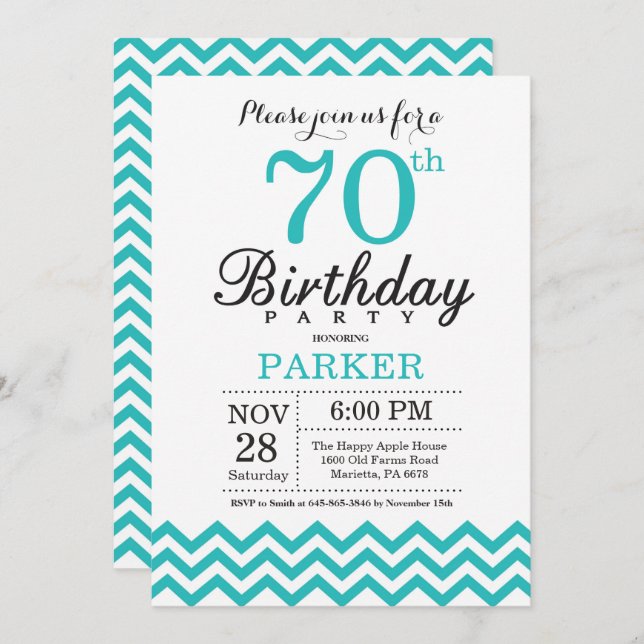 70 Birthday - Convite Teal Chevron (Frente/Verso)
