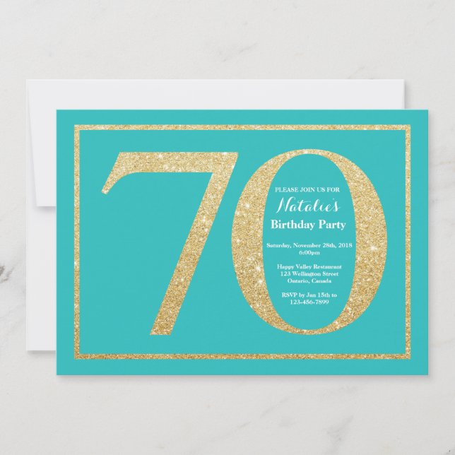 70 Birthday - Convite Teal e Glitter Dourado (Frente)