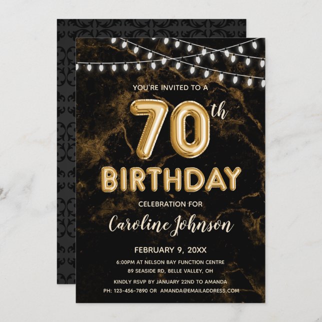 70 Birthday Dourado Balão Convites de Aniversário (Frente/Verso)