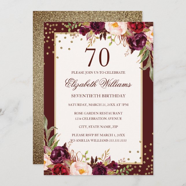 70 Birthday Dourado Burgundy Convite Floral (Frente/Verso)