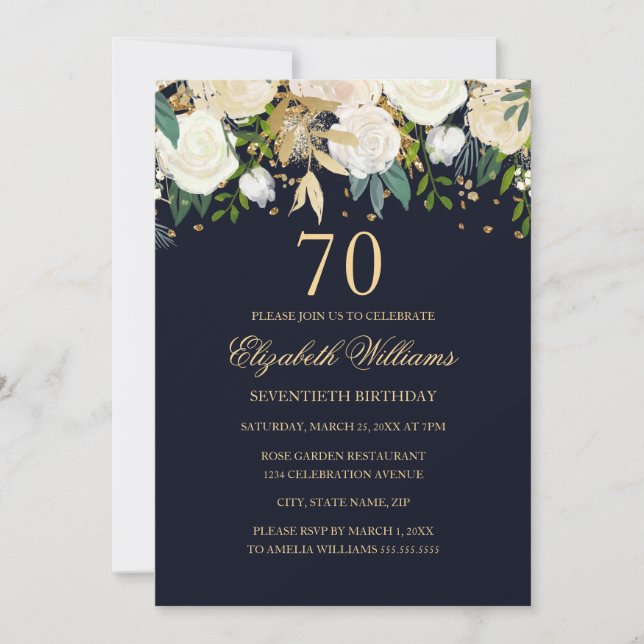 70 Birthday Elegant Marinho Dourado Convite Floral (Frente)