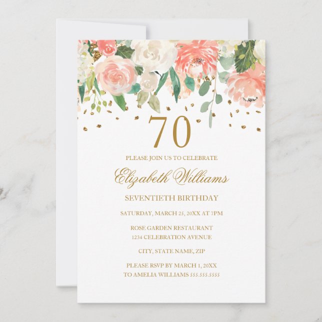 70 Birthday Peach Dourado Convite Floral (Frente)