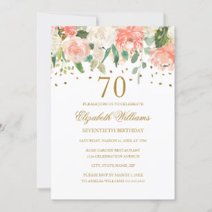 70 Birthday Peach Dourado Convite Floral