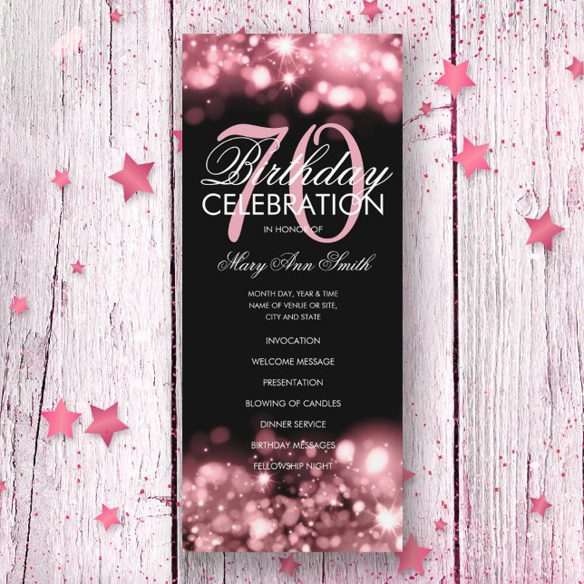 70 Birthday Programa Glam Lights Rosa Menu Dourado (Criador carregado)