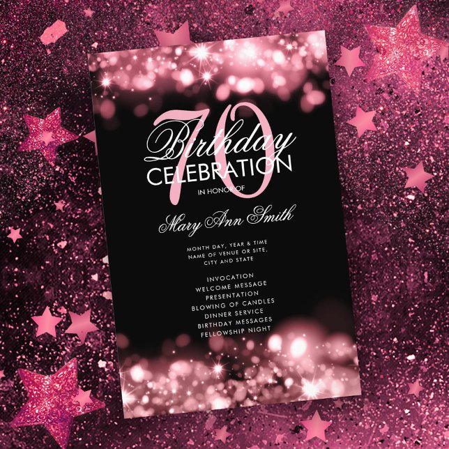 70 Birthday Programa Glam Lights Rosa Menu Dourado (Criador carregado)
