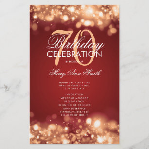 70 Birthday Programa Luzes Douradas Menu Vermelho