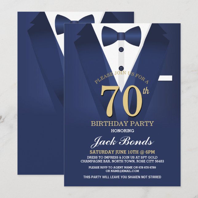 70 Birthday Spy Suit Black Tie Marinho Convite (Frente/Verso)