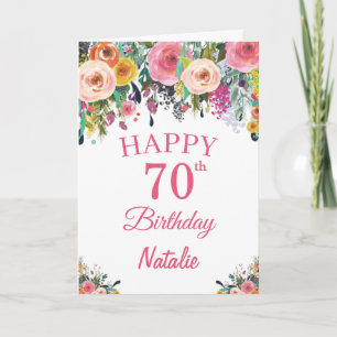 70 Birthday Watercolor Floral Flowers Cartão Rosa