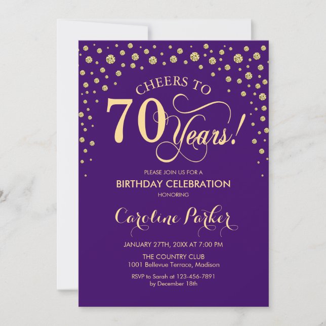 70 Convite de aniversário - Dourado Roxo (Frente)